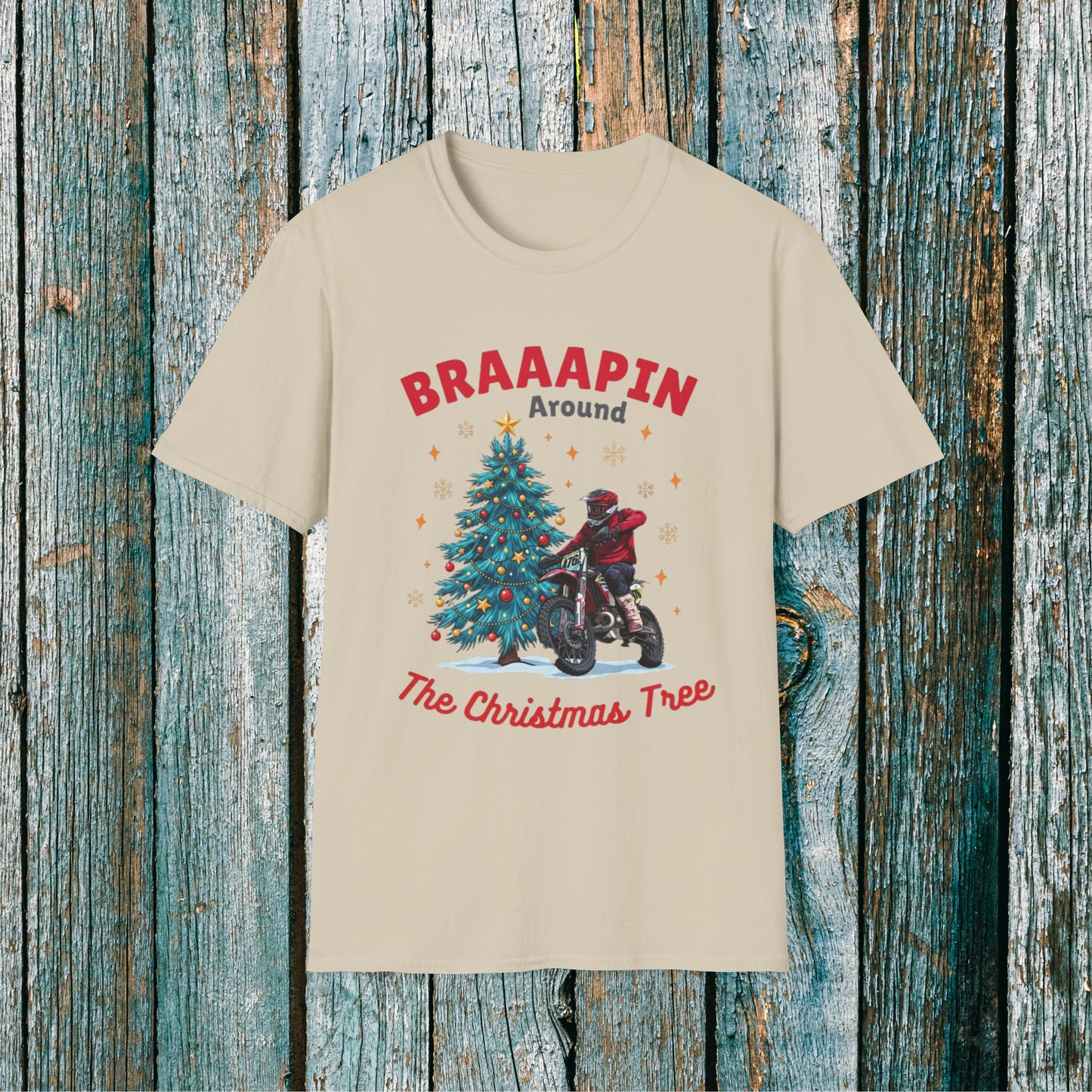 Holiday Bike Softstyle T-Shirt | Braaapin Around The Christmas Tree | Dirt Bike Ugly Sweater