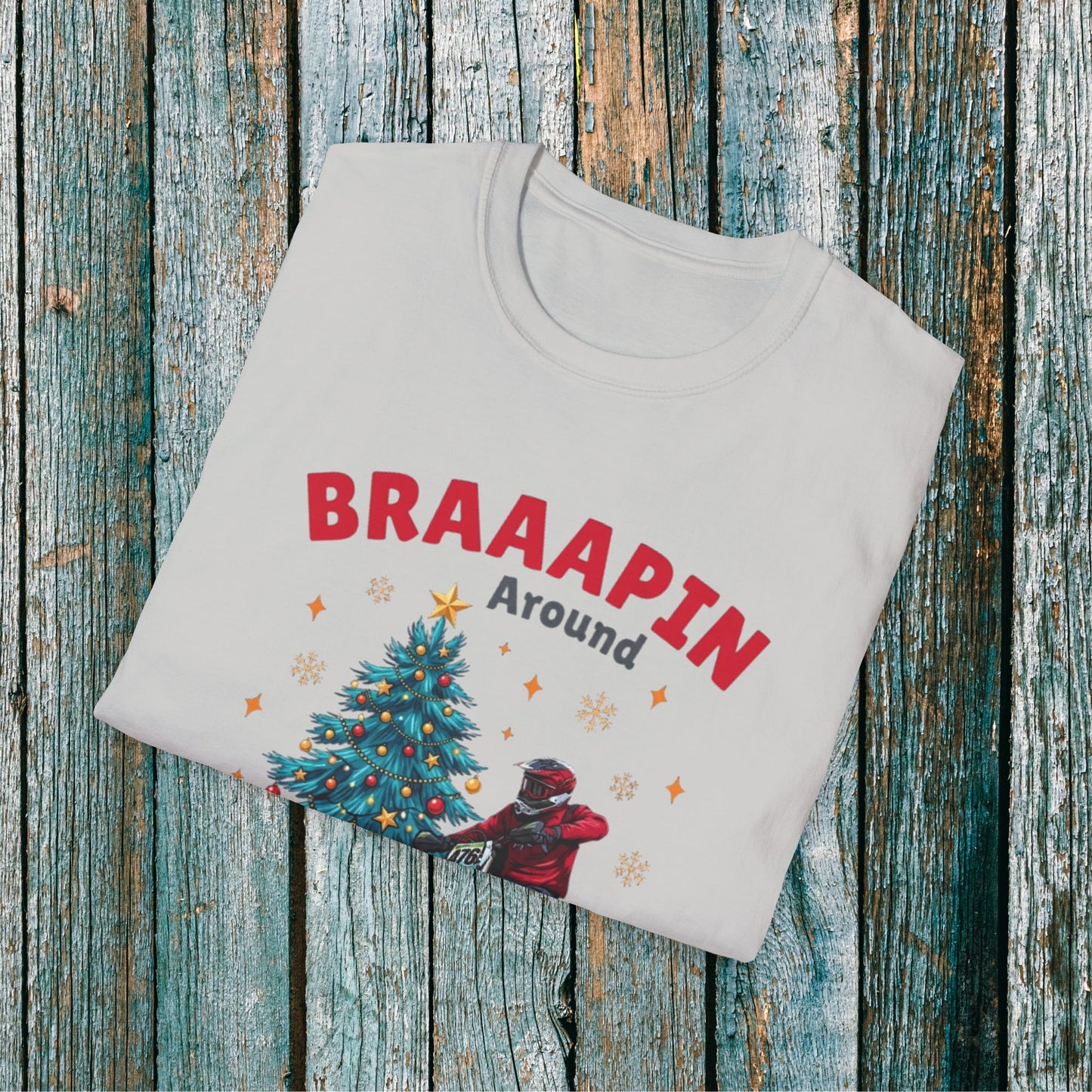 Holiday Bike Softstyle T-Shirt | Braaapin Around The Christmas Tree | Dirt Bike Ugly Sweater