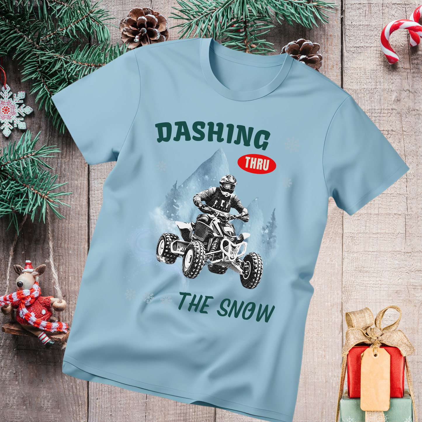 Holiday Fourwheeler Racing SOFT Cotton Adult Unisex tee shirt | Dirt Racing shirt for men | Dashing Thru the Snow | ATV Ugly Sweater