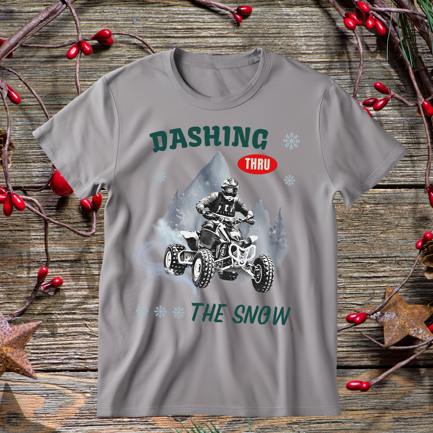 Holiday Fourwheeler Racing SOFT Cotton Adult Unisex tee shirt | Dirt Racing shirt for men | Dashing Thru the Snow | ATV Ugly Sweater