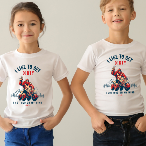 Youth BigFoot Shirt | I like to get dirty Sasquatch Shirt for Kids | I got mud on my mind Youth Short Sleeve Tee | Funny FourWheeler shirt for boys | Bella Canvas Soft Cotton tee shirt