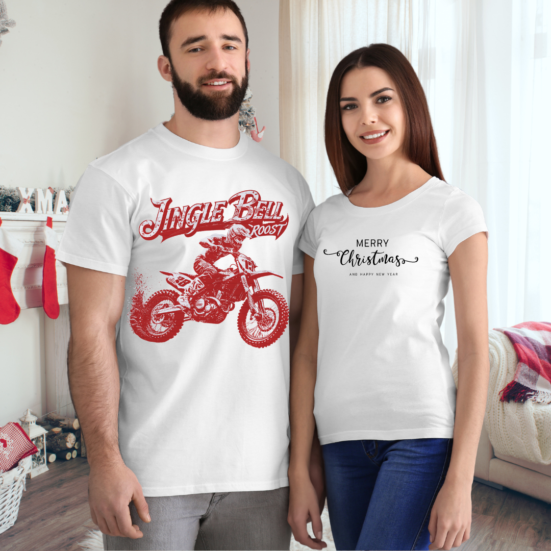 Holiday Motocross Racing Jingle Bell Roost | SOFT Cotton Adult Unisex tee shirt | Dirt Track Racing shirt for men | Dirt bike Ugly Sweater