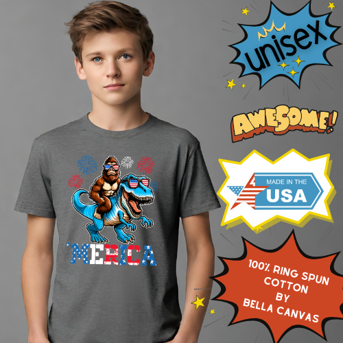 Youth BigFoot on a Dinosaur Shirt | Patriotic Sasquatch Shirt for Kids | Youth Yeti Short Sleeve Tee | Funny BigFoot shirt for boys | Bella Canvas Soft Cotton tee shirt