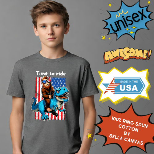 Youth BigFoot on a Dinosaur Shirt | Patriotic Sasquatch Shirt for Kids | Youth Yeti Short Sleeve Tee | Funny BigFoot shirt for boys | Bella Canvas Soft Cotton tee shirt