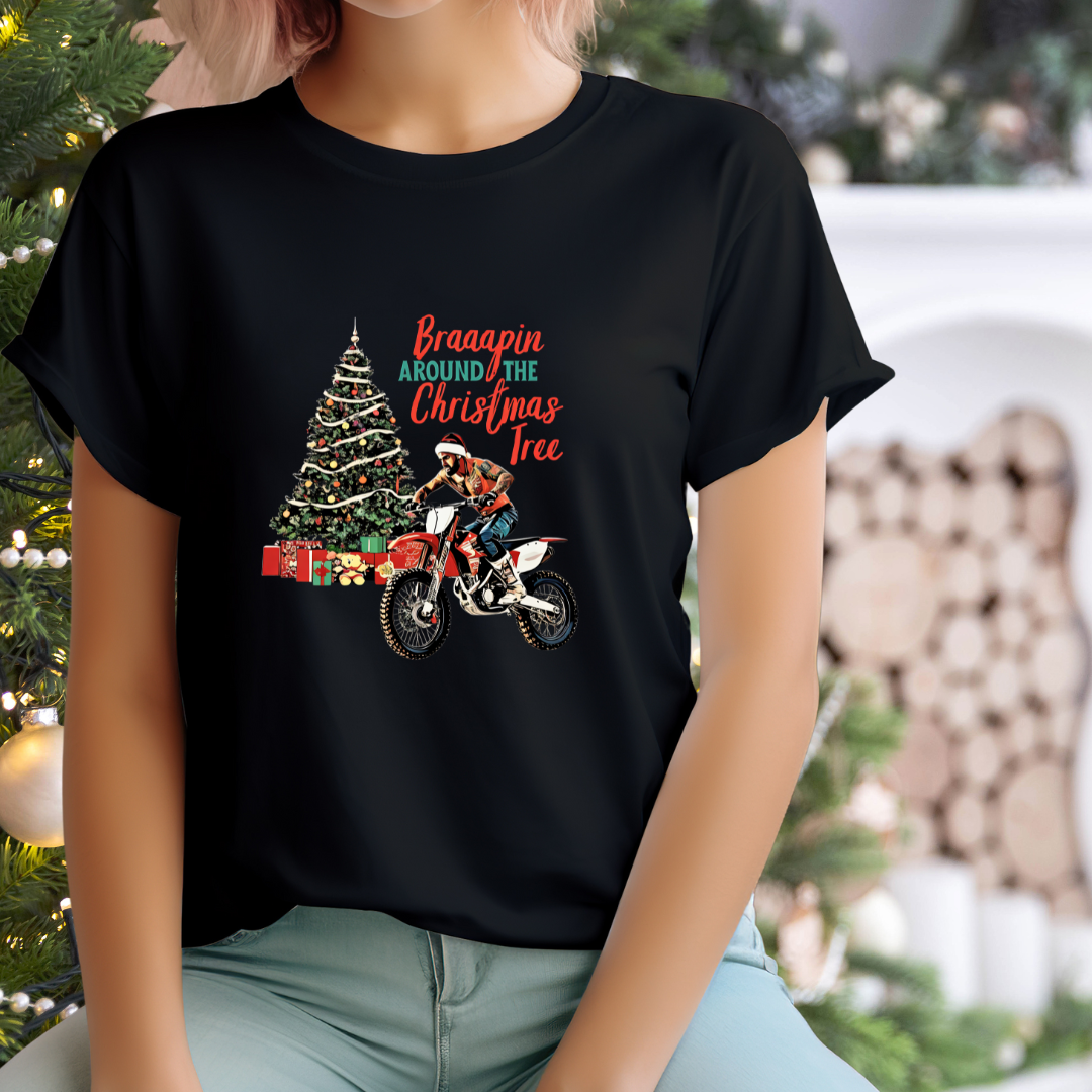 Holiday Bike Shirt | Braaapin Around The Christmas Tree | SOFT Cotton Adult Unisex tee shirt | Dirt Track shirt | Dirt bike Ugly Sweater