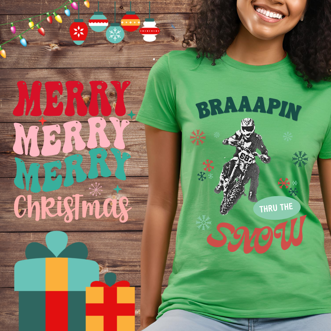 Holiday Motocross Racing SOFT Cotton Adult Unisex tee shirt | Dirt Racing shirt for men | Braaapin Through the Snow |  Dirt bike Ugly Sweater