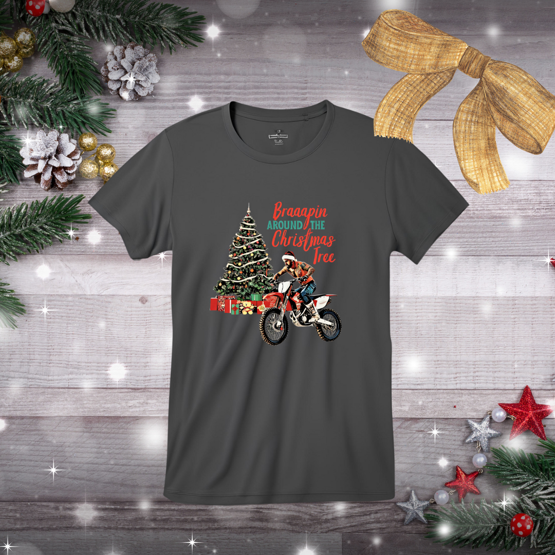 Holiday Bike Shirt | Braaapin Around The Christmas Tree | SOFT Cotton Adult Unisex tee shirt | Dirt Track shirt | Dirt bike Ugly Sweater